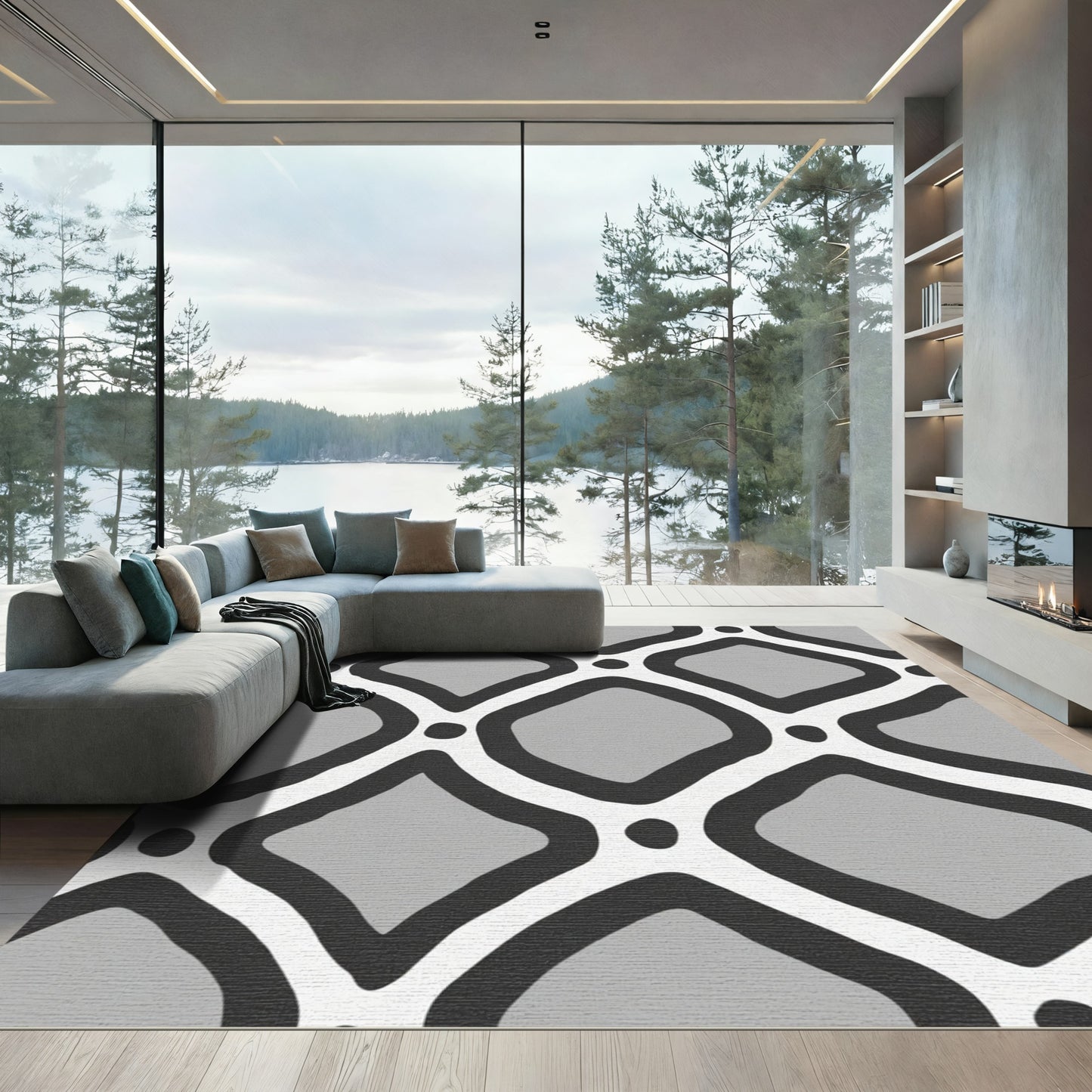 Gray White Black Lattice Geometric Rug