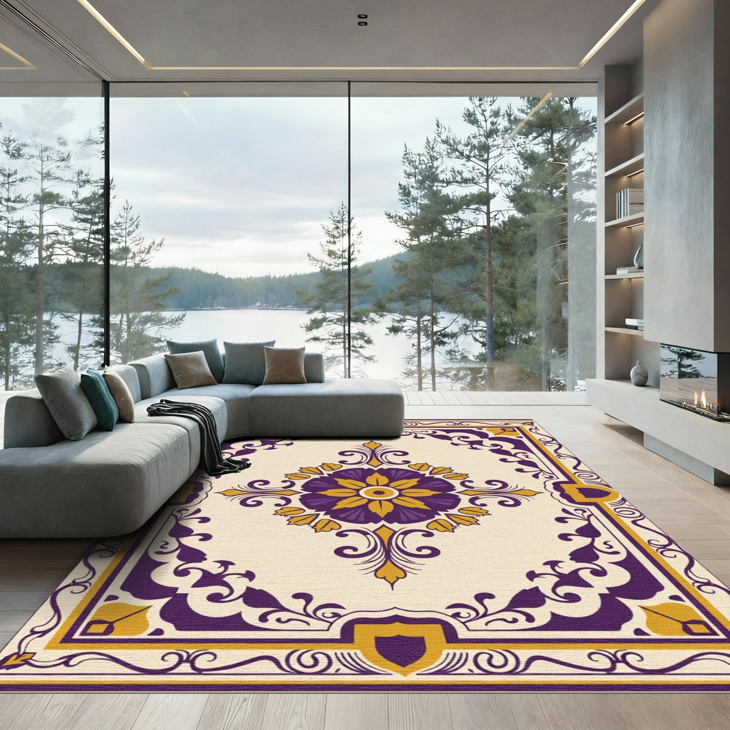 Ornate Purple Golden Floral Medallion Rug