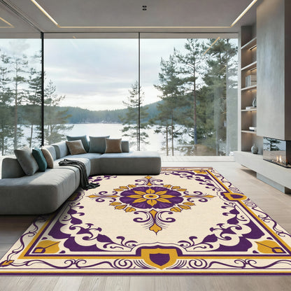 Ornate Purple Golden Floral Medallion Rug