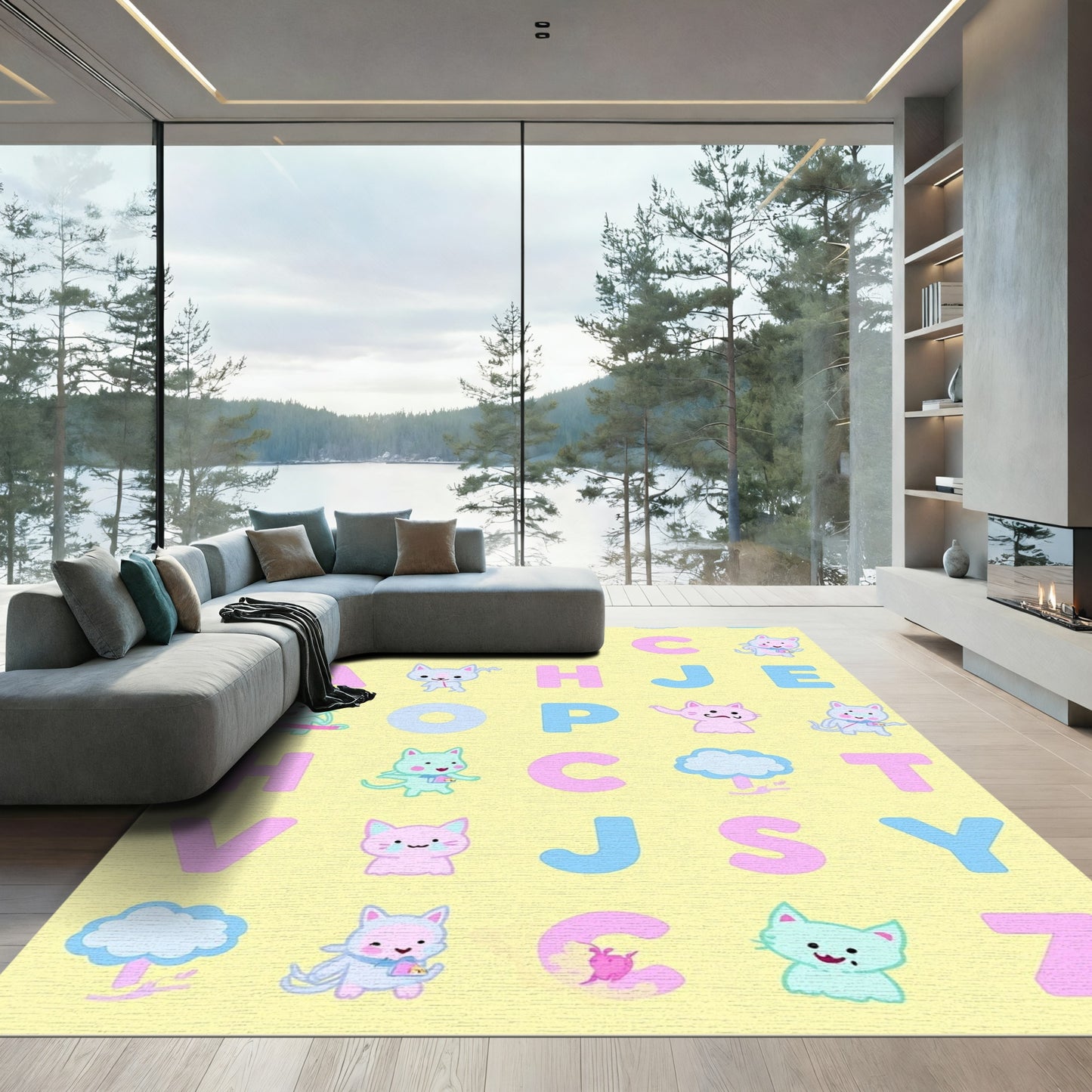 Playful Alphabet Cats Bright Yellow Rug