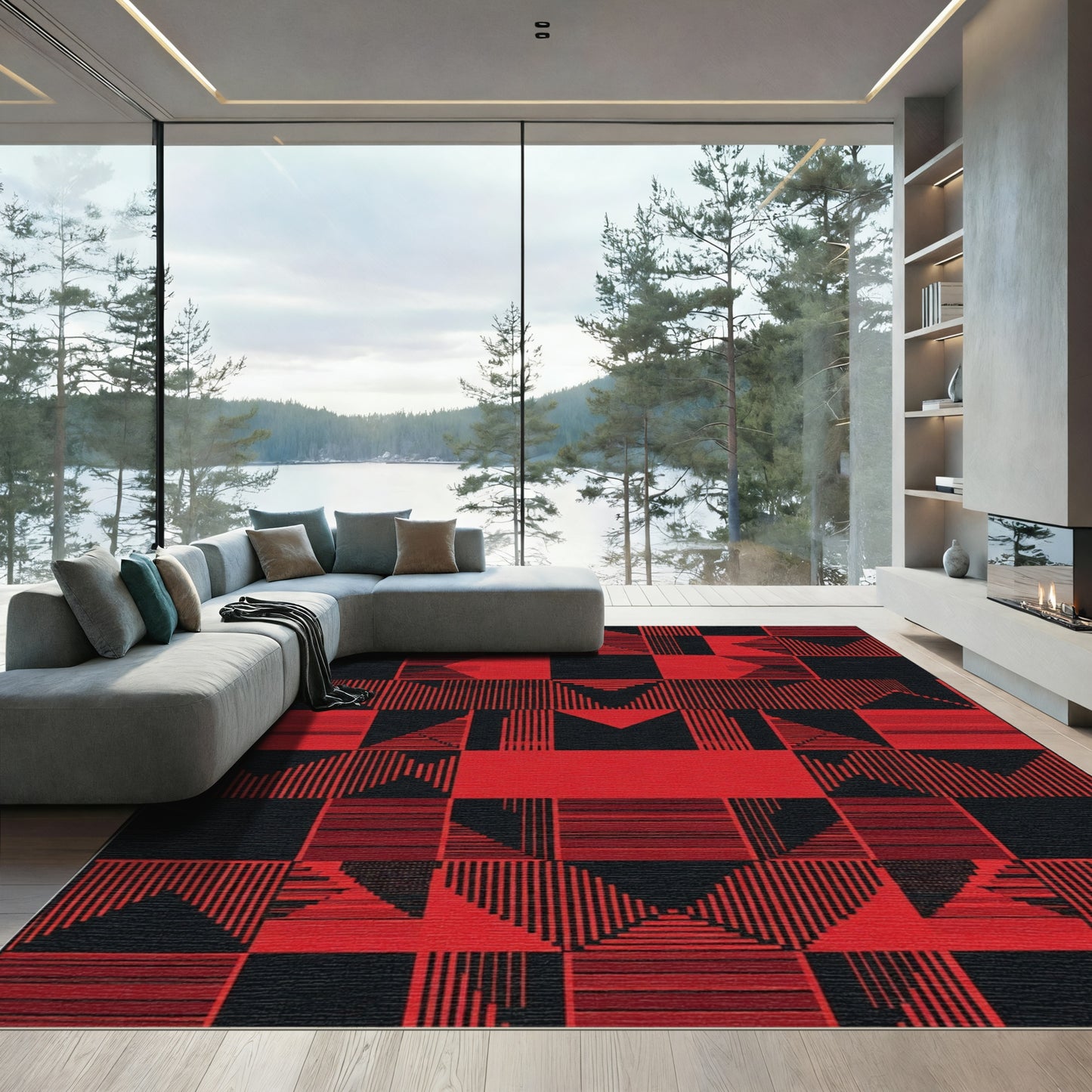 Modern Red Black Geometric Shapes Rug