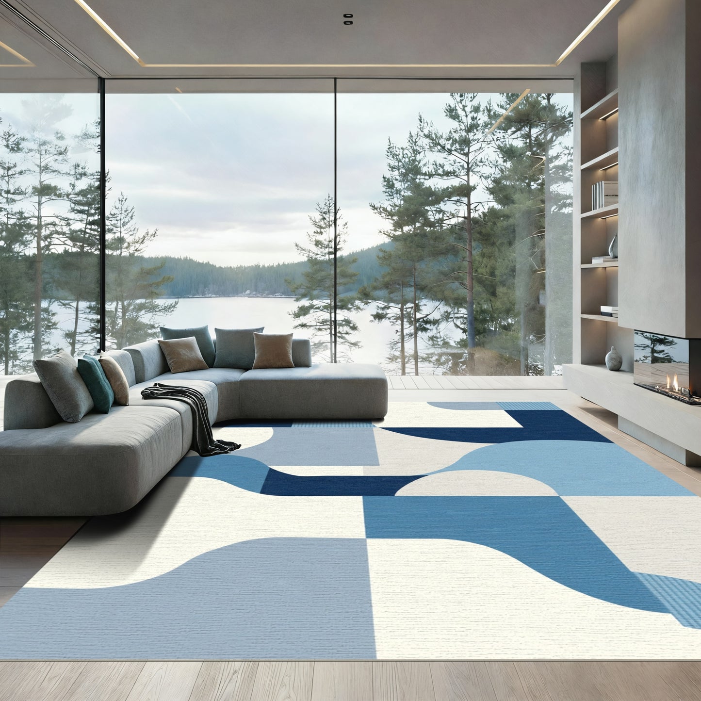 Mid Century Blue Abstract Landscape Rug