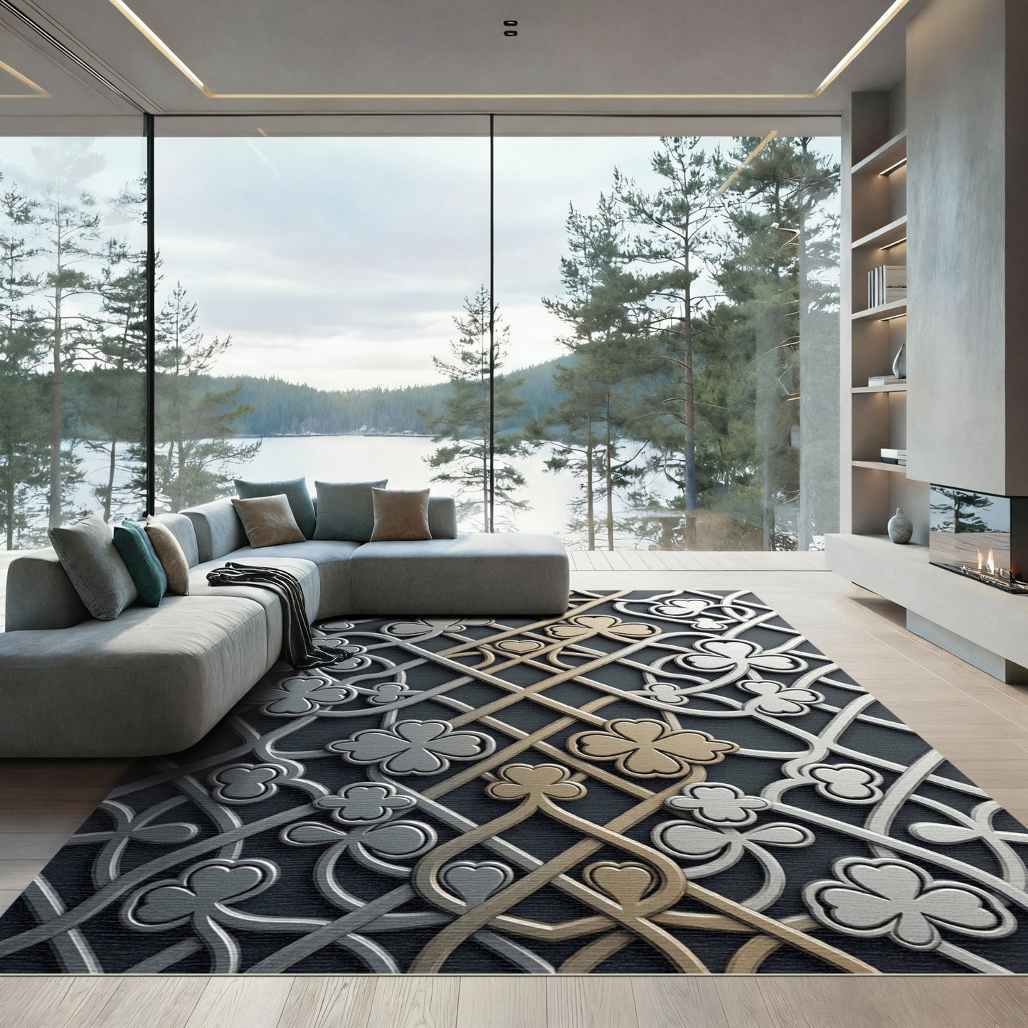 Metallic Silver Gold Clover Intertwined Lattice Rug