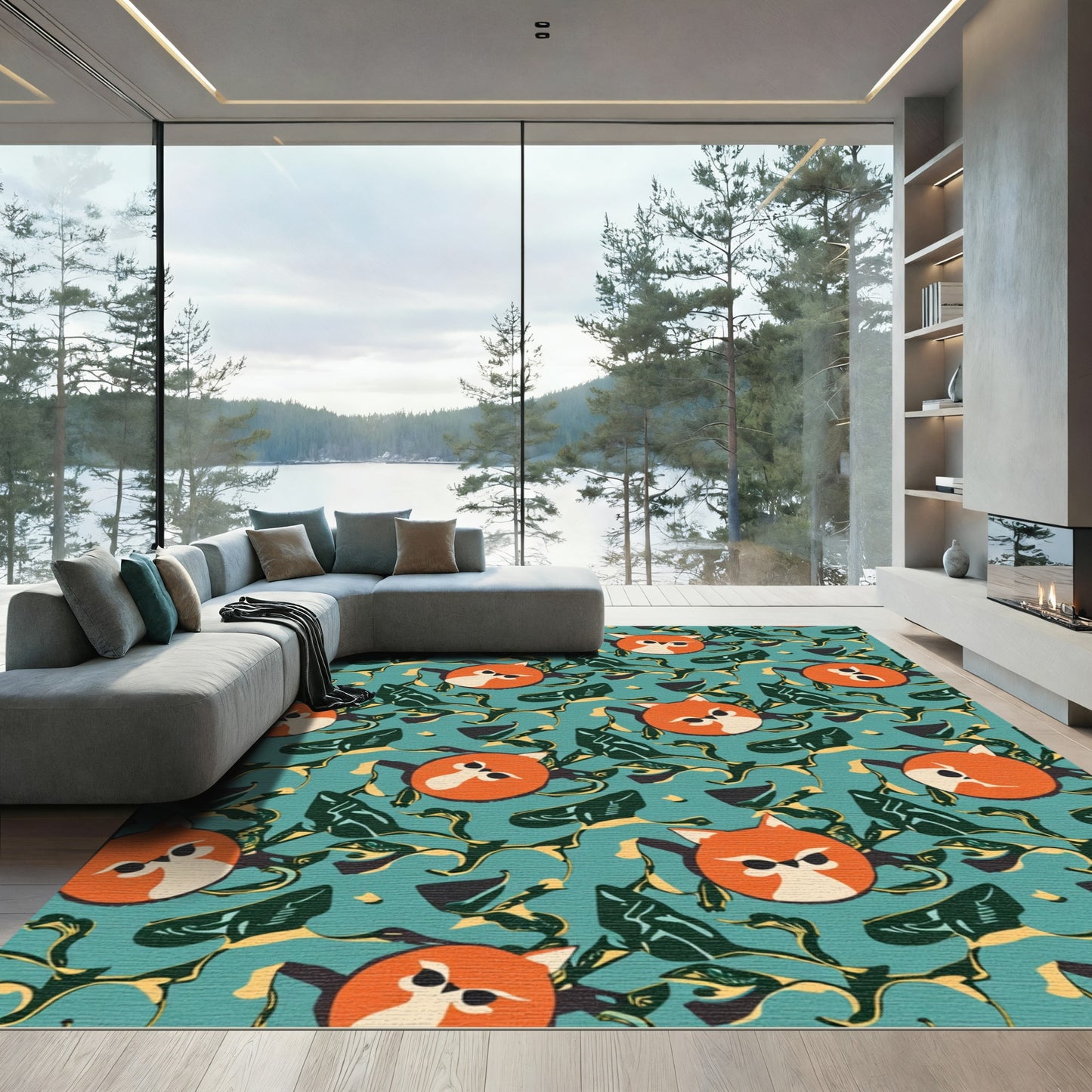 Cute Orange Fox Forest Scene Rug