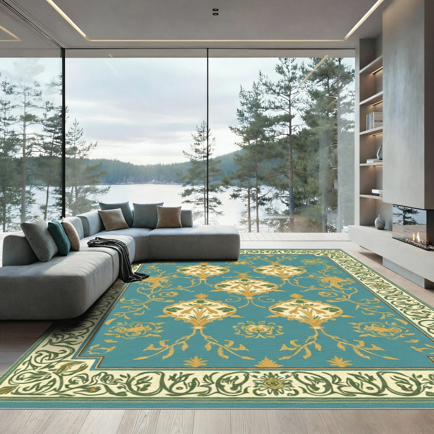 Teal Golden Floral Medallion Border Rug