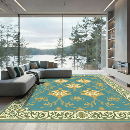 Teal Golden Floral Medallion Border Rug