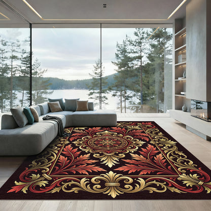 Ornate Red Gold Leaf Frame Rug