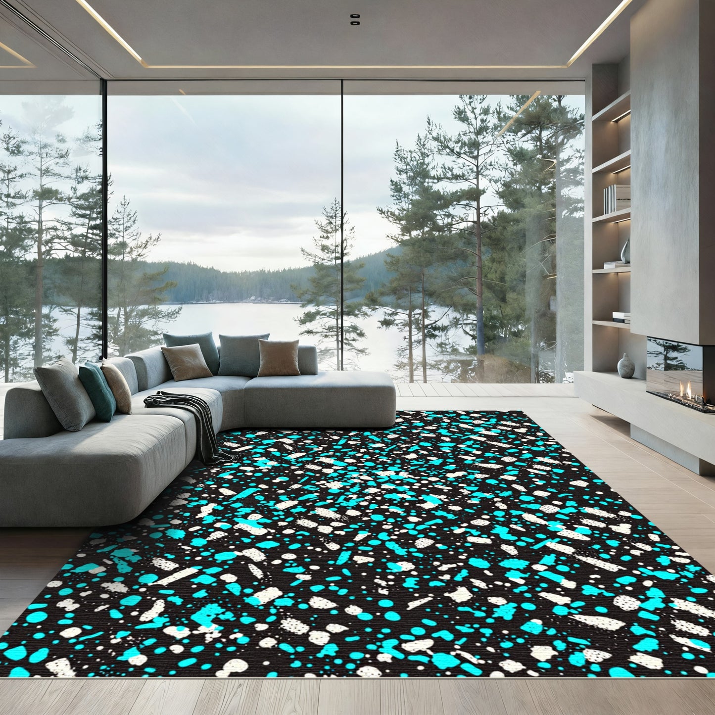 Black Teal White Speckled Splash Rug