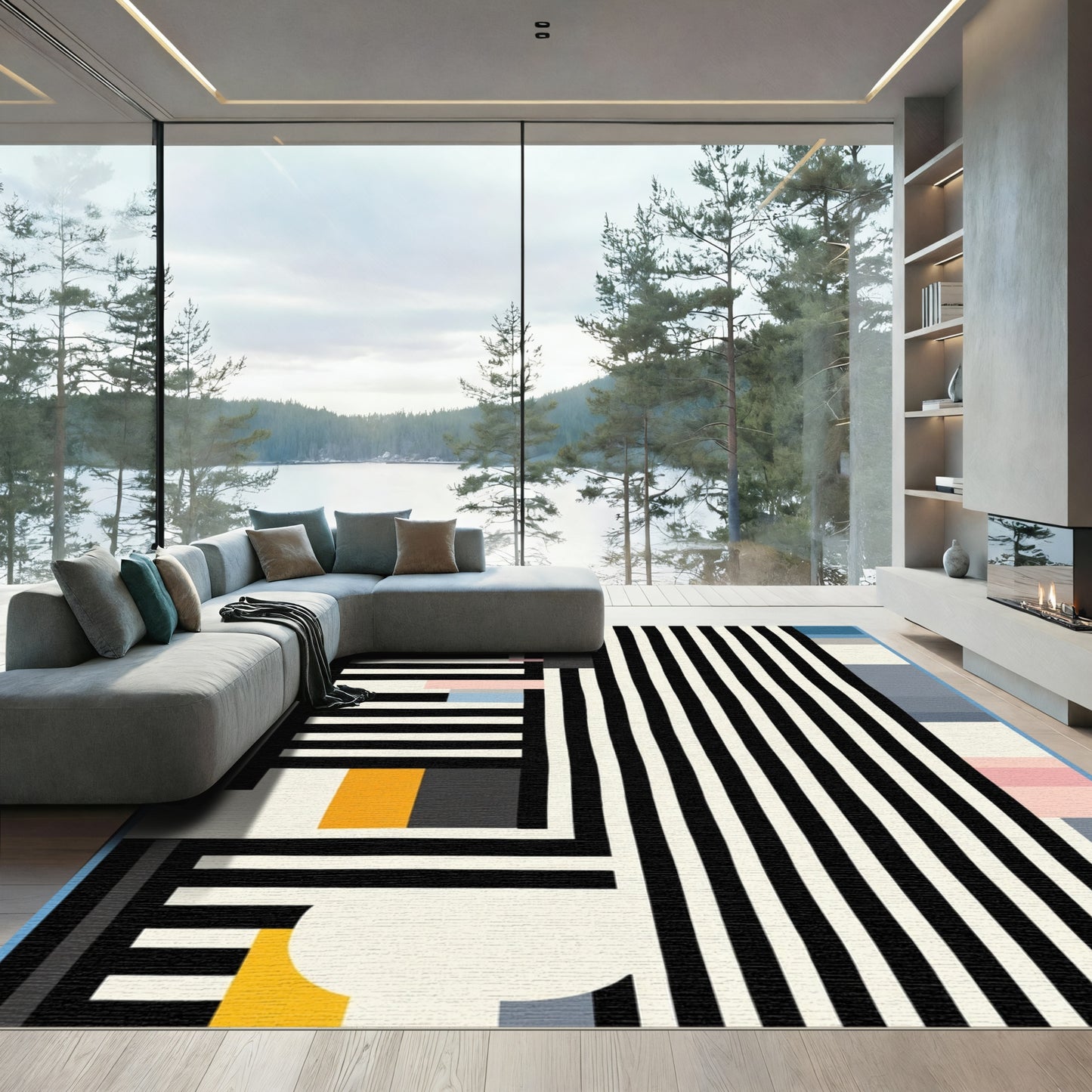 Bold Black White Geometric Abstract Rug
