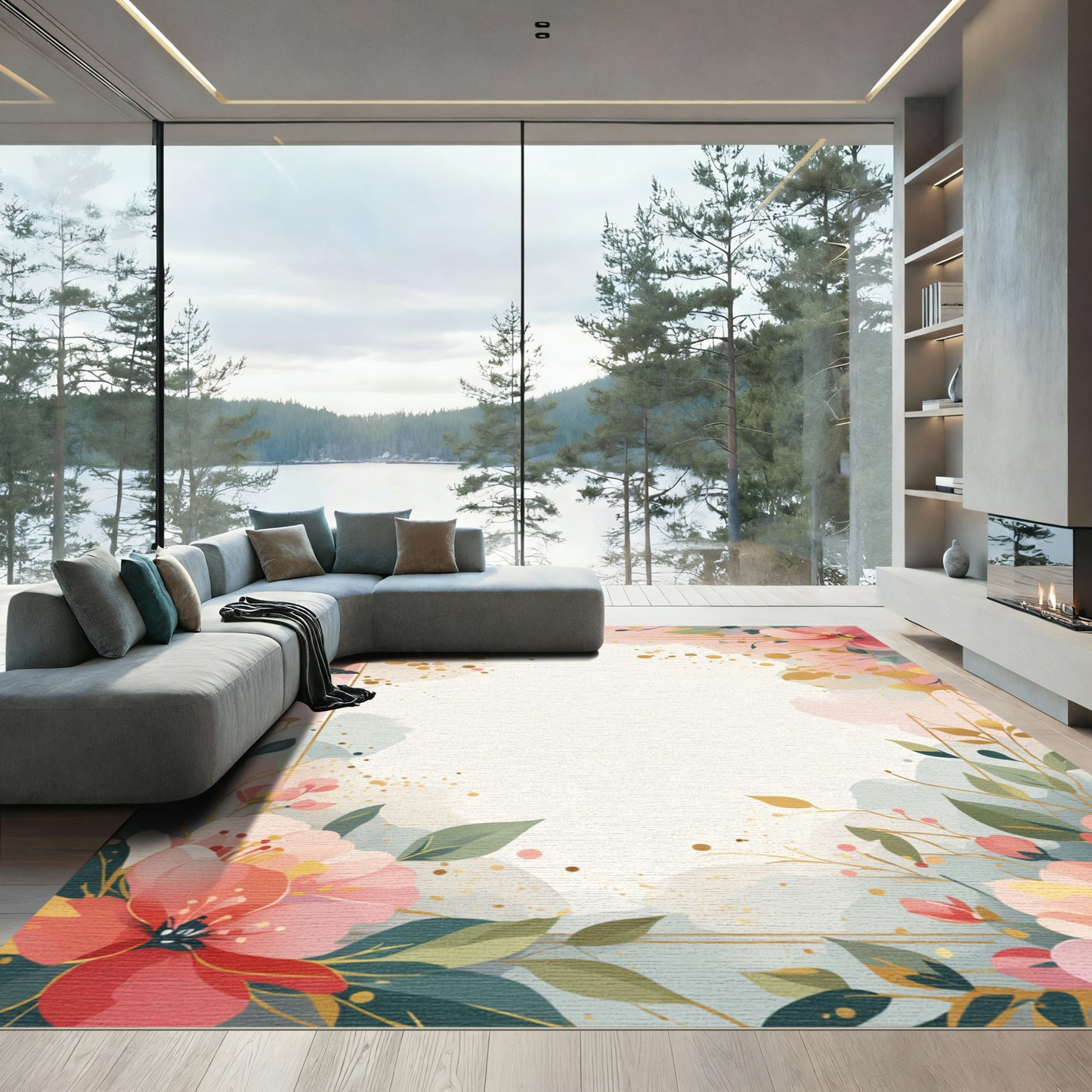 Soft Pink Peony Floral Gold Splatter Rug