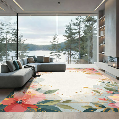 Soft Pink Peony Floral Gold Splatter Rug