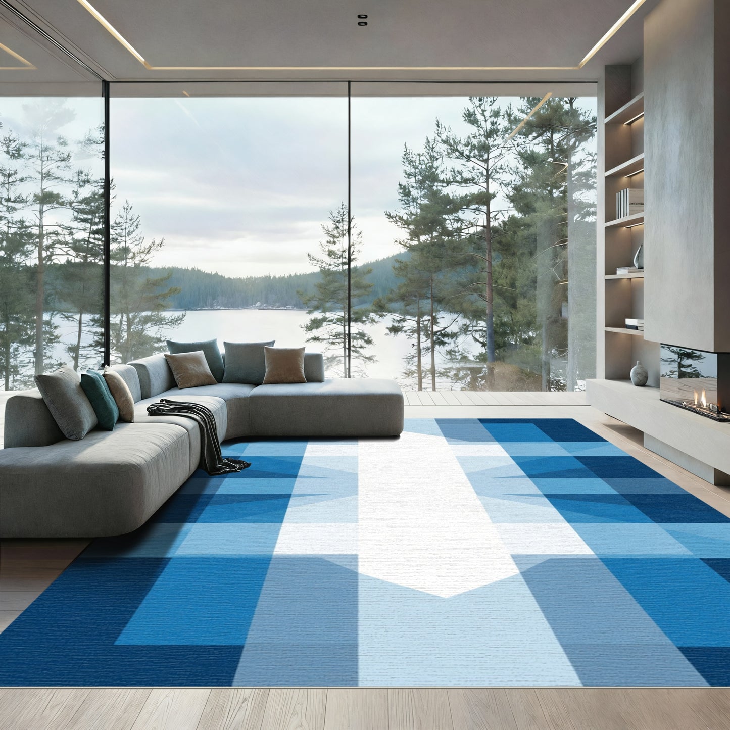 Deep Blue Plaid Geometric Block Rug