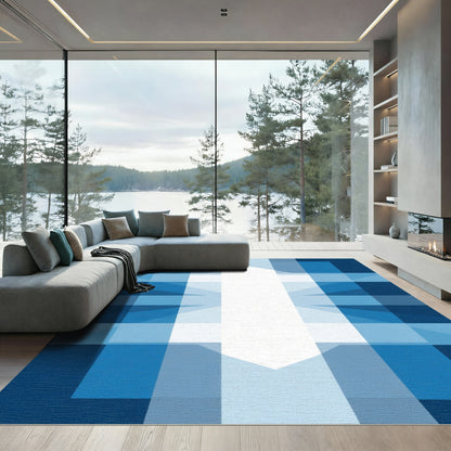 Deep Blue Plaid Geometric Block Rug