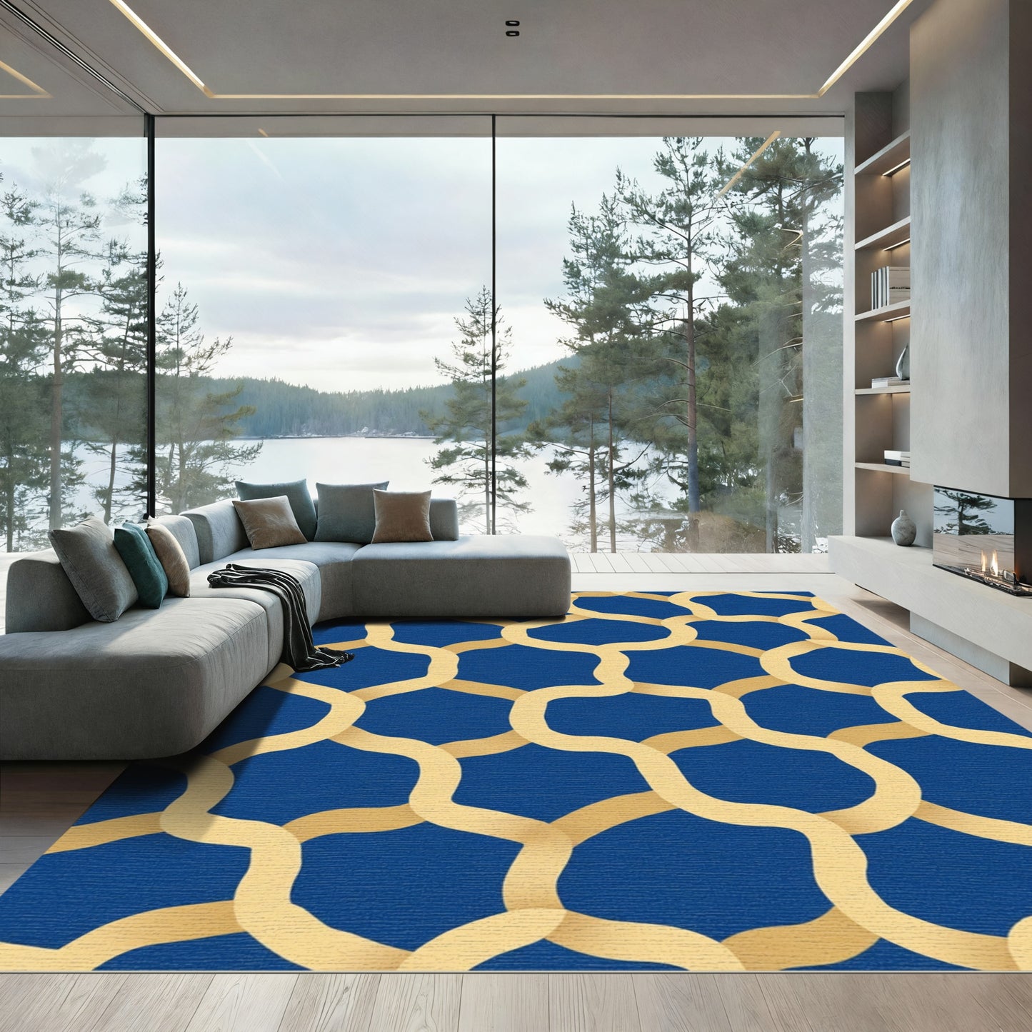 Golden Interlocking Waves Blue Rug