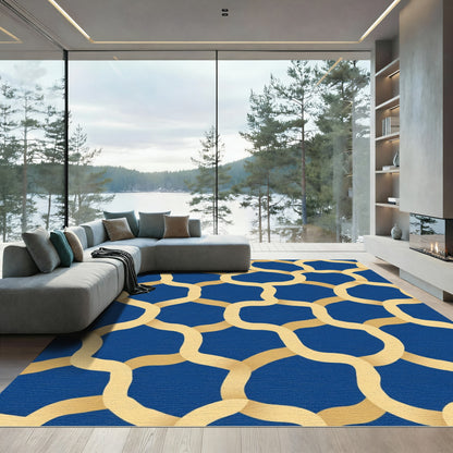 Golden Interlocking Waves Blue Rug