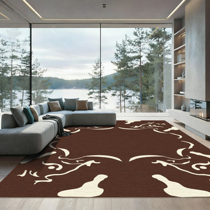 Cream Abstract Swirls on Brown Field Rug