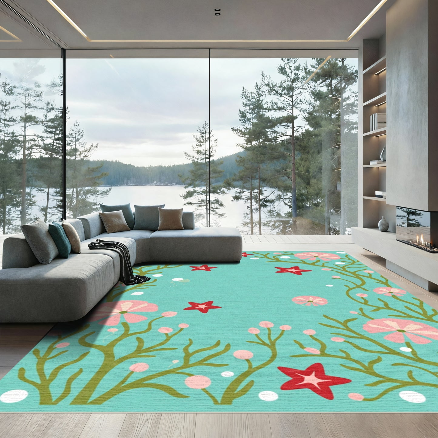 Whimsical Pink Floral Star Garden Rug
