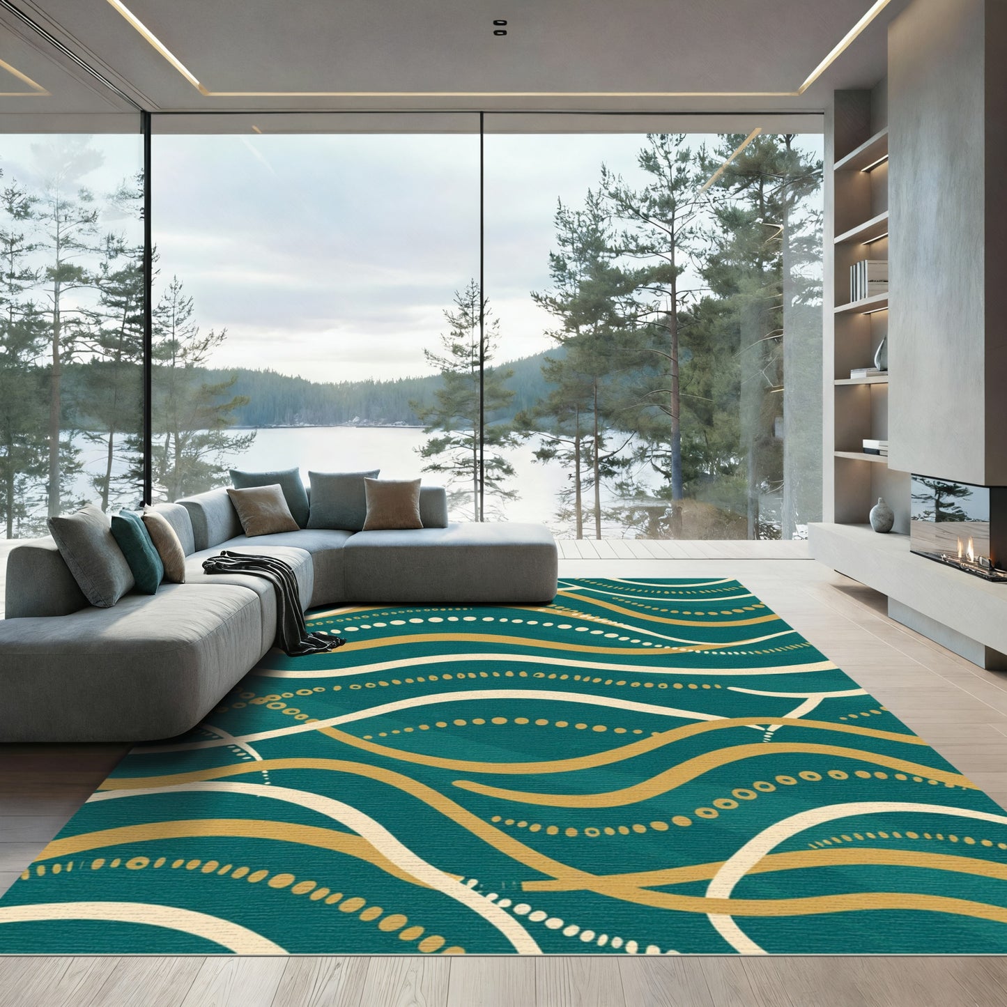 Teal Gold Flowing Line Dot Rug