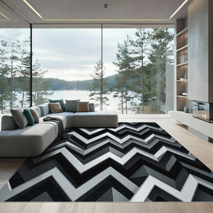 Modern Monochrome Zigzag Geometric Area Decor Rug