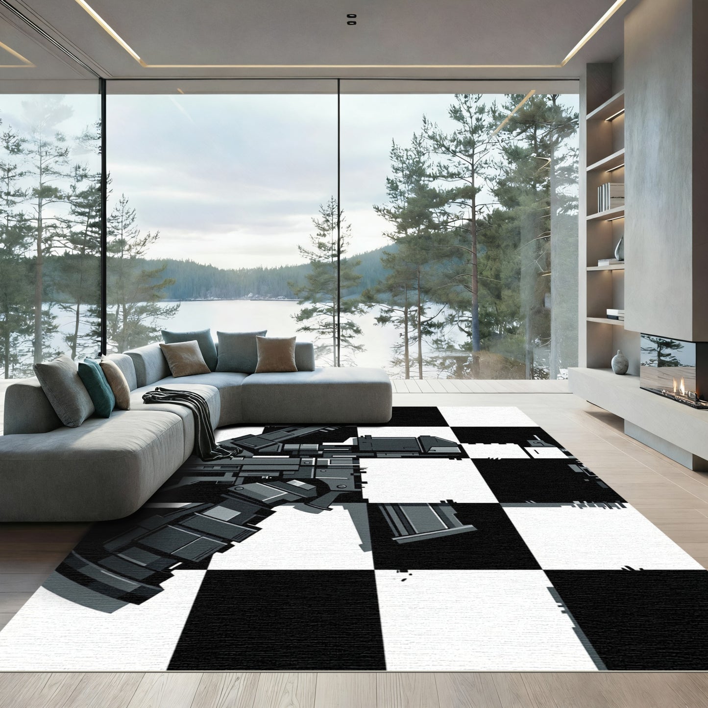 Gray Mechanical Chess Squares Rug