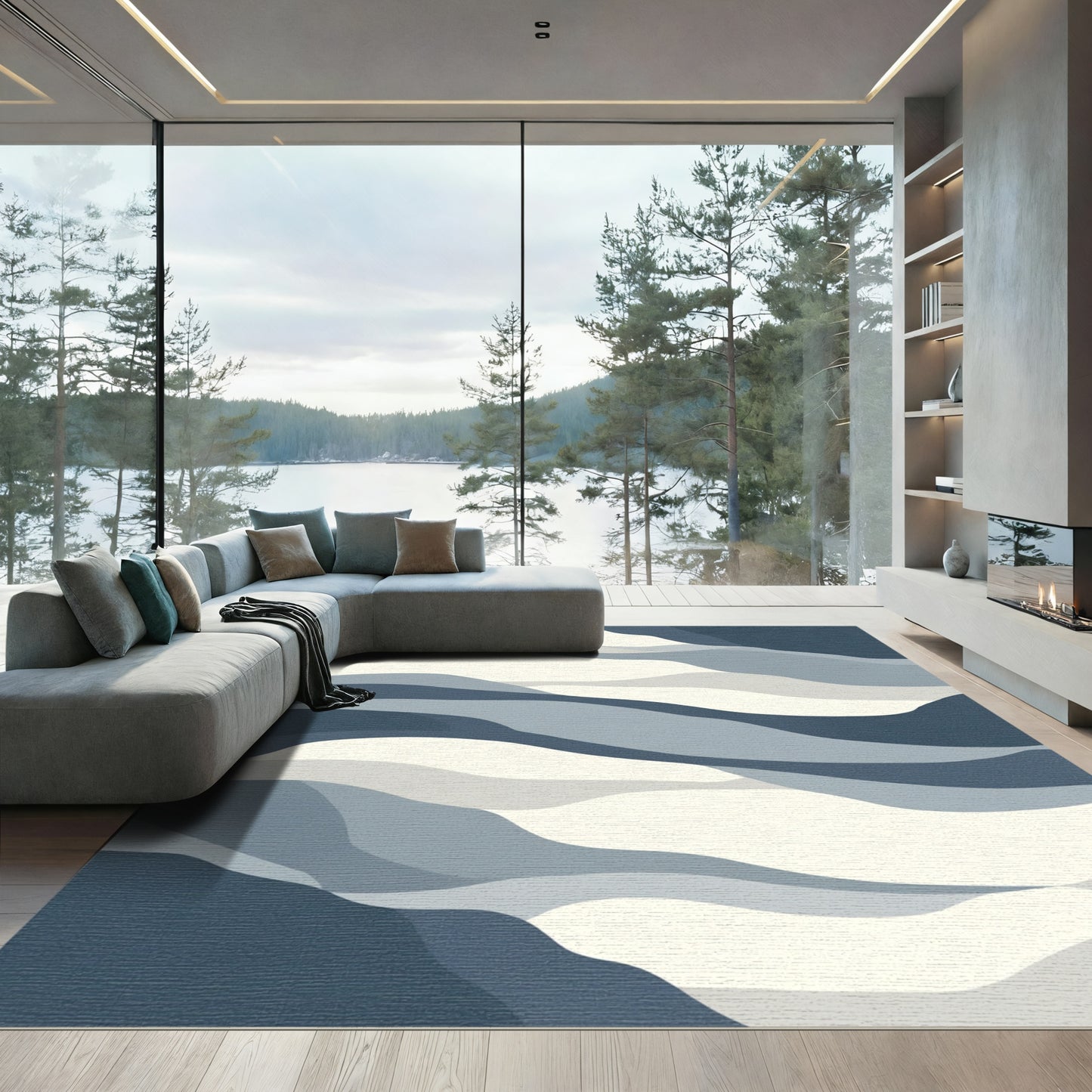 Abstract Blue Wave Landscape Rug