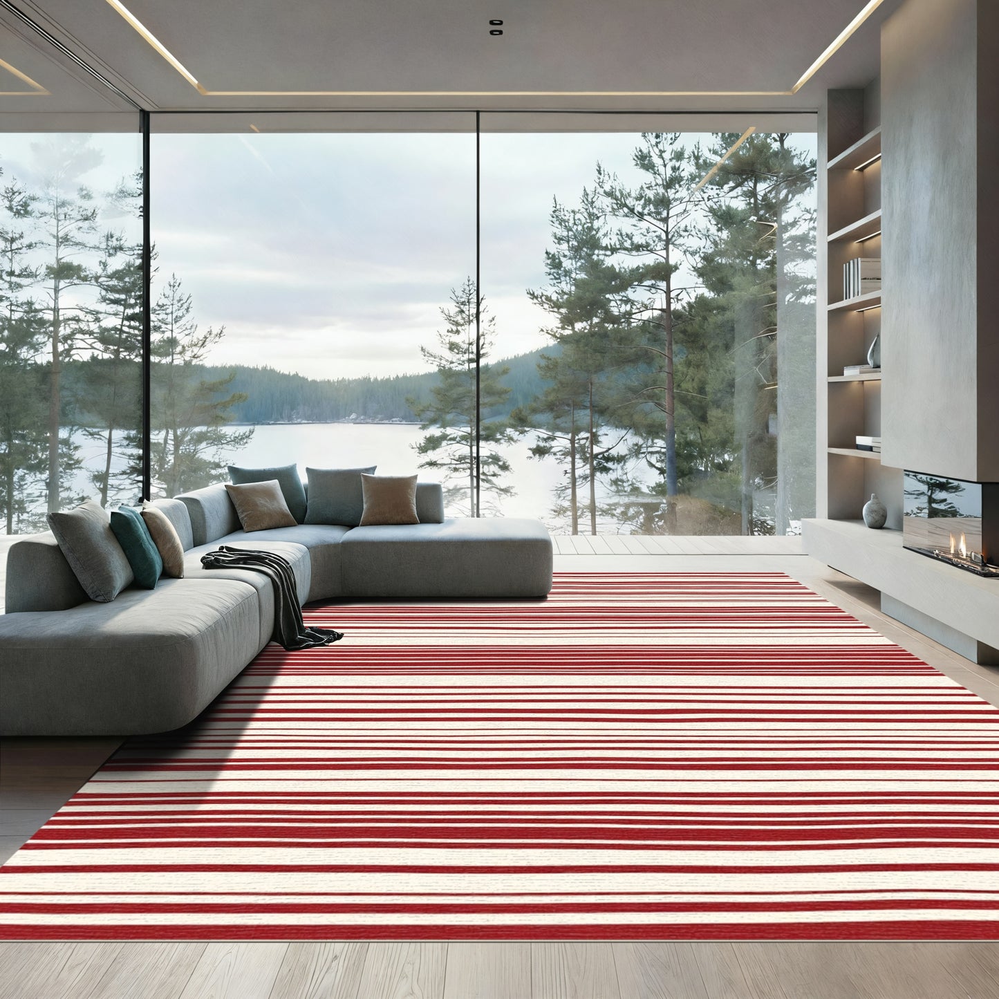 Hand-Drawn Red Stripe Cream Rug