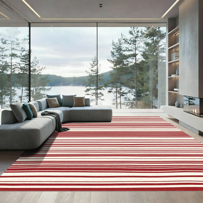 Hand-Drawn Red Stripe Cream Rug