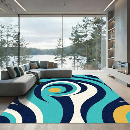 Aqua Navy Gold Swirl Abstract Rug