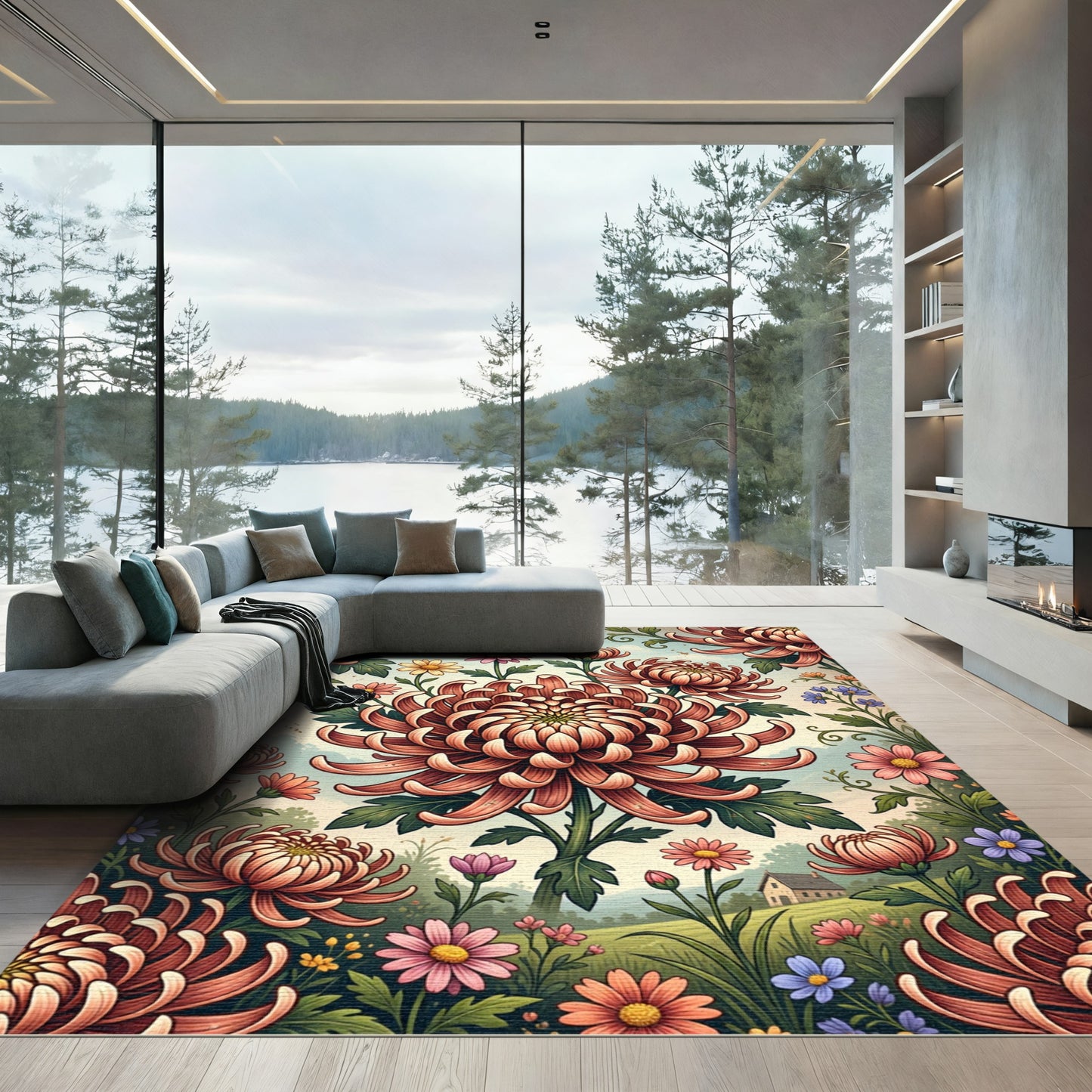 Vintage Copper Chrysanthemum Botanical Garden Rug