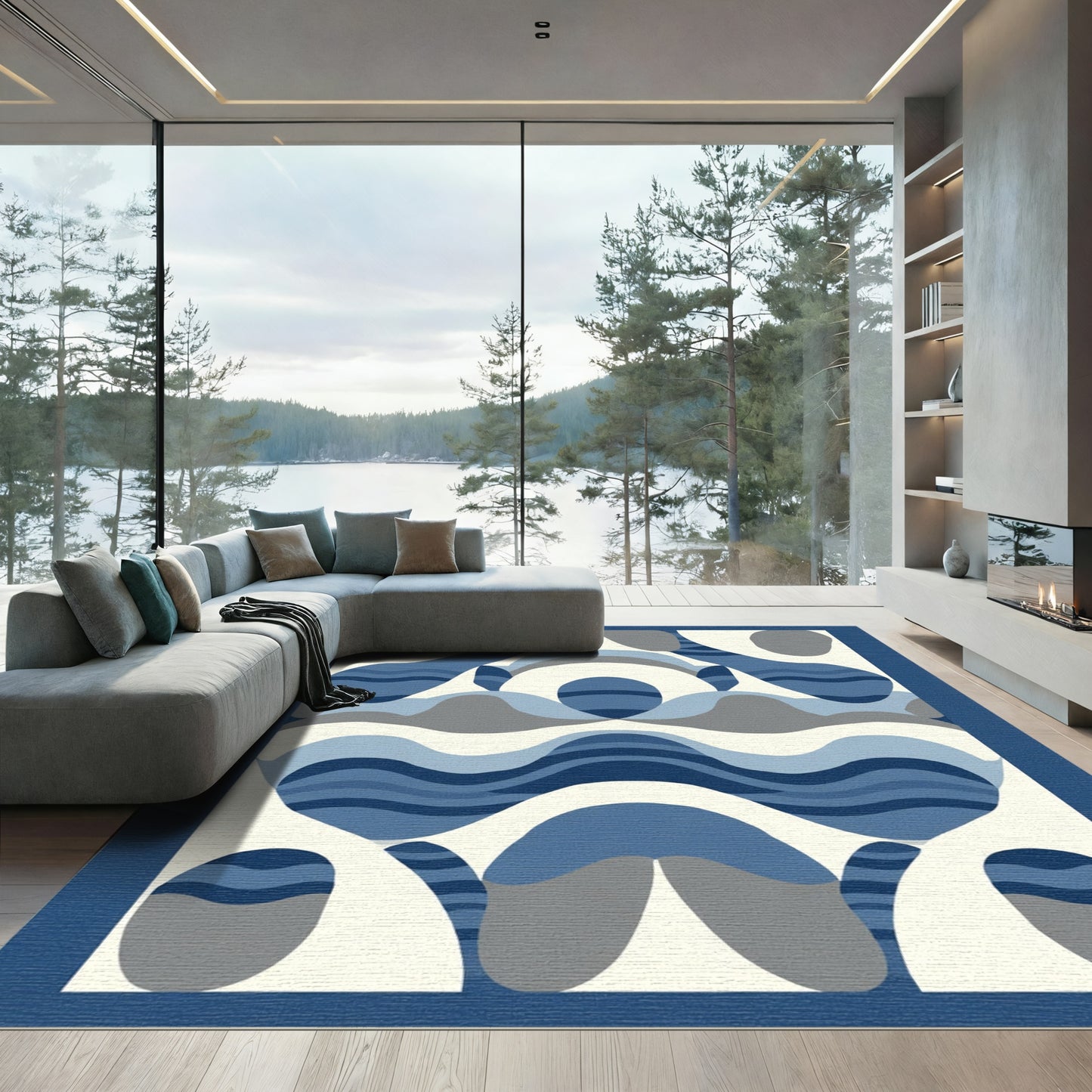 Abstract Blue Gray Organic Waves Rug