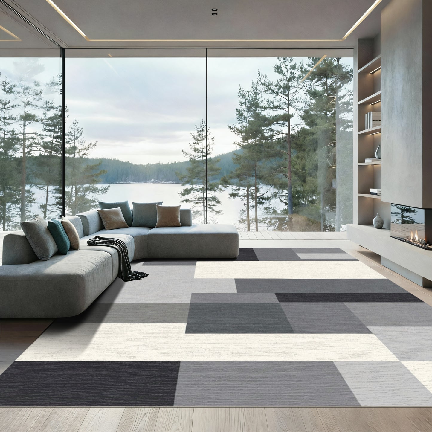Modern Gray Geometric Blocks Rug