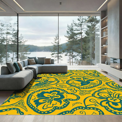 Teal Floral Medallion Yellow Background Rug