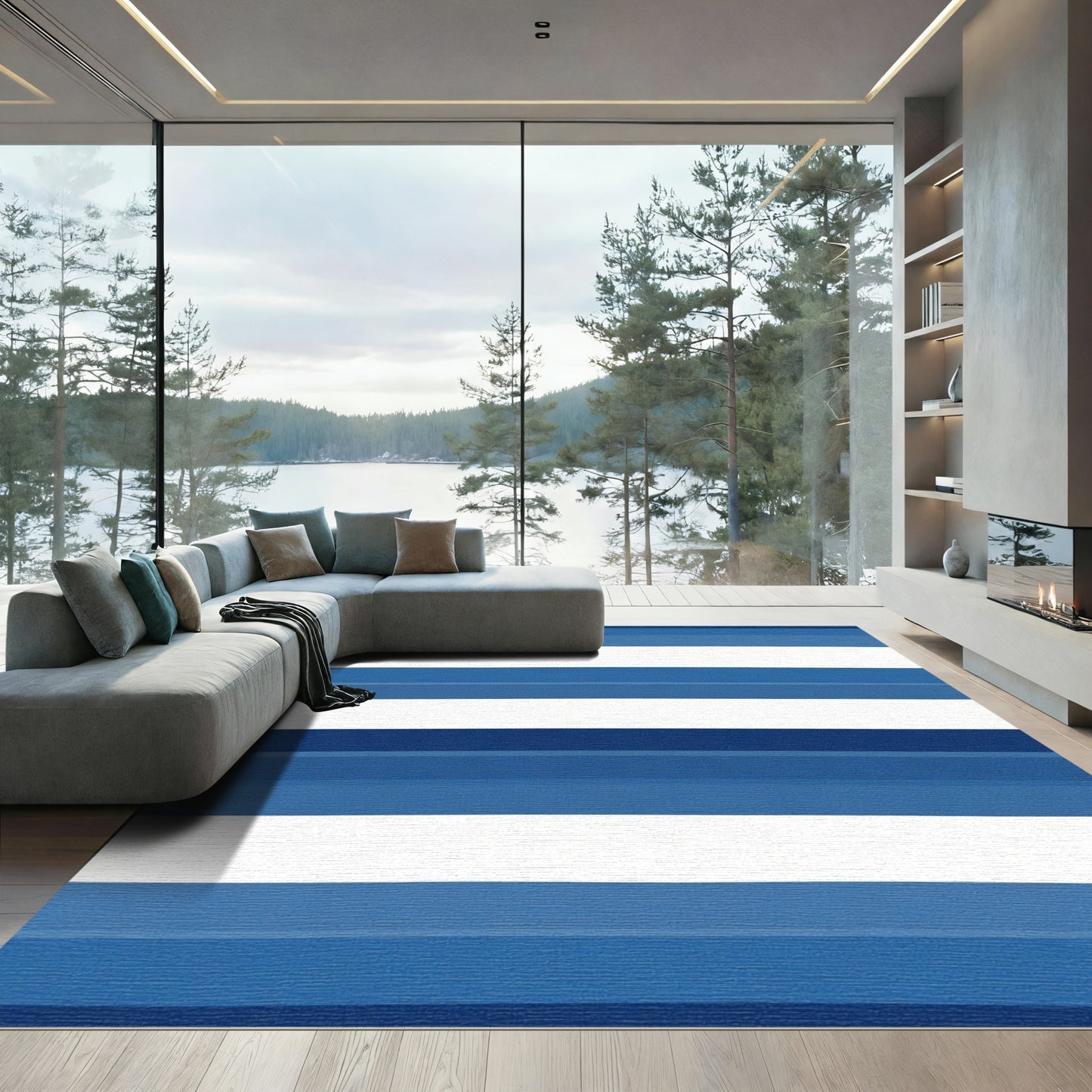 Deep Blue Layered Stripe Abstract Rug