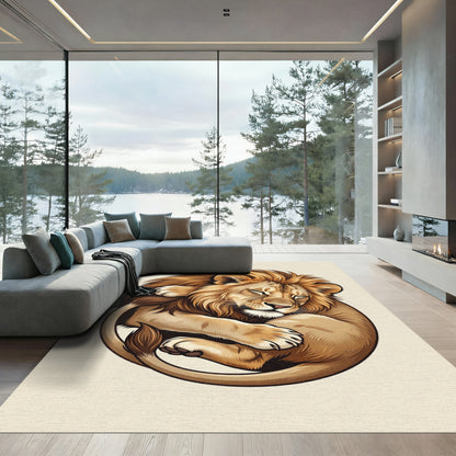 Golden Sleeping Lion Circular Illustration Rug