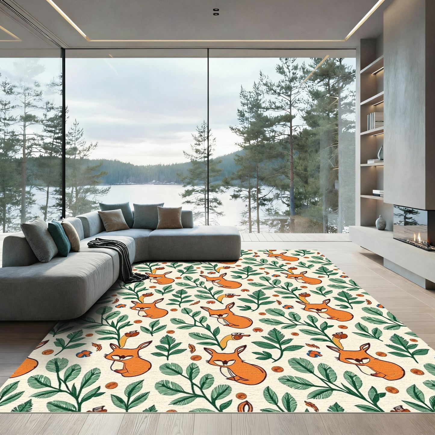 Whimsical Fox Leaves Floral Pattern Rug