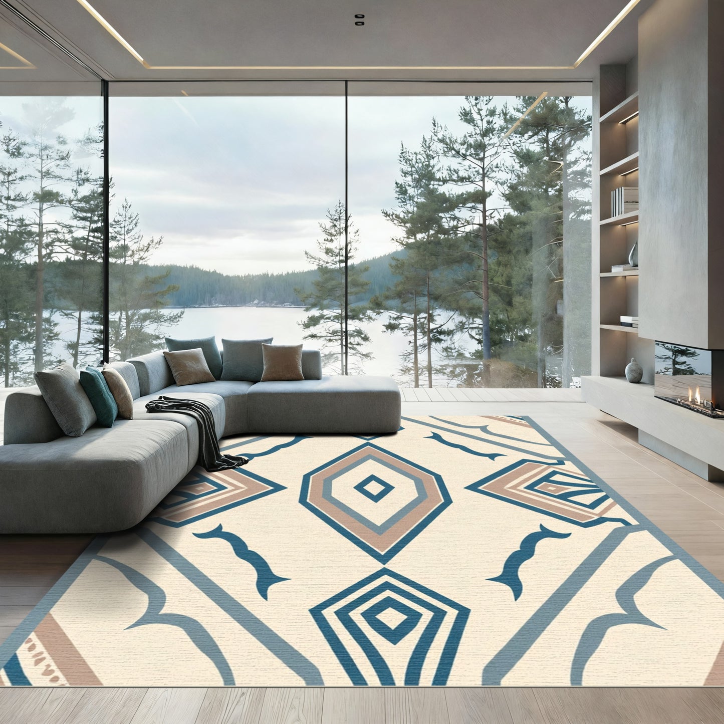 Cream Blue Earthy Diamond Geometric Rug