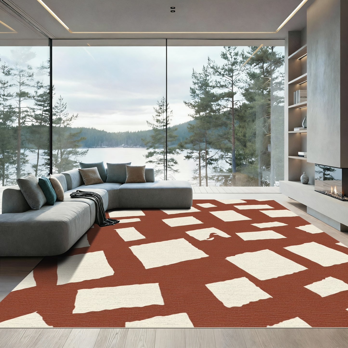 Terracotta White Abstract Squares Rug