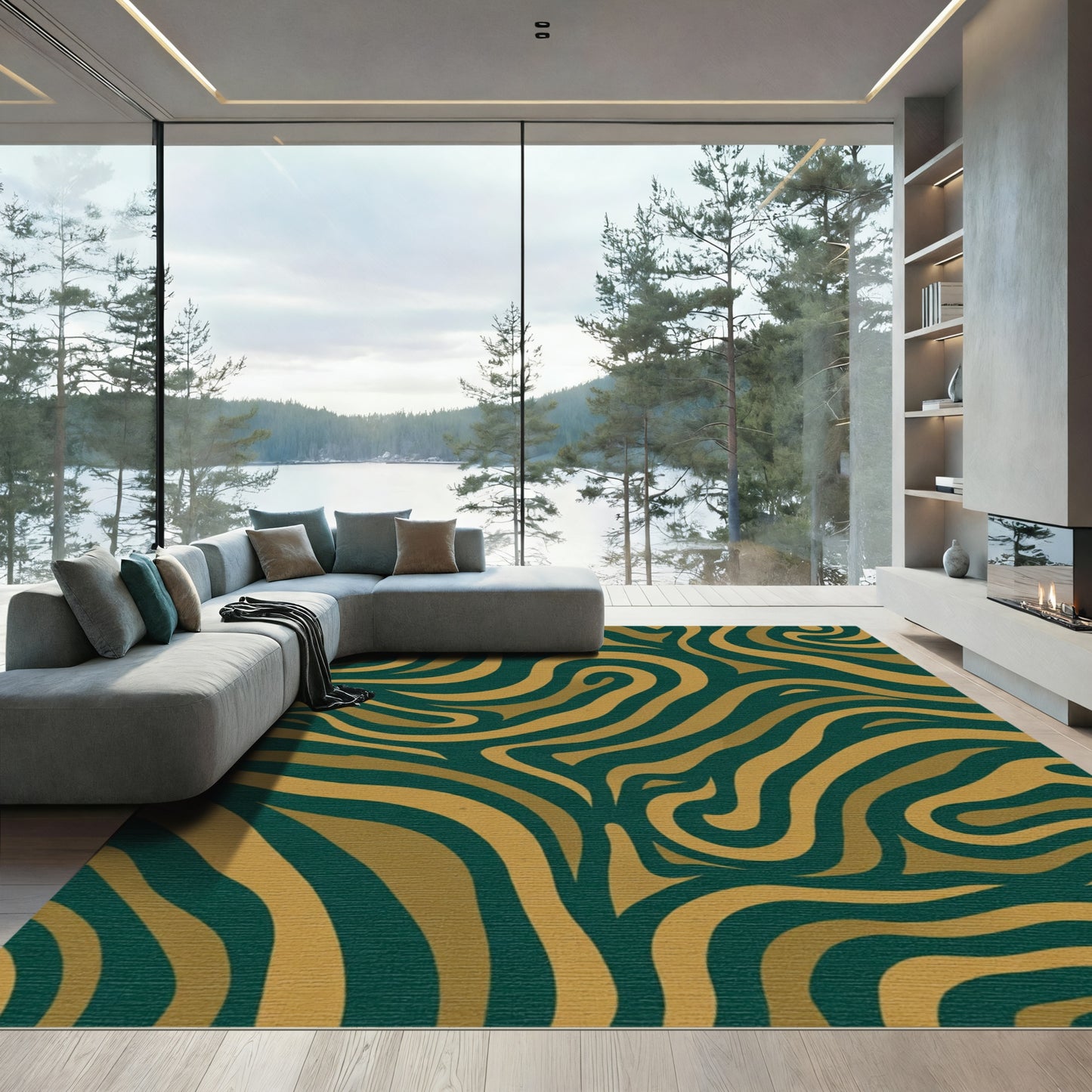 Emerald Gold Swirl Abstract Curves Rug