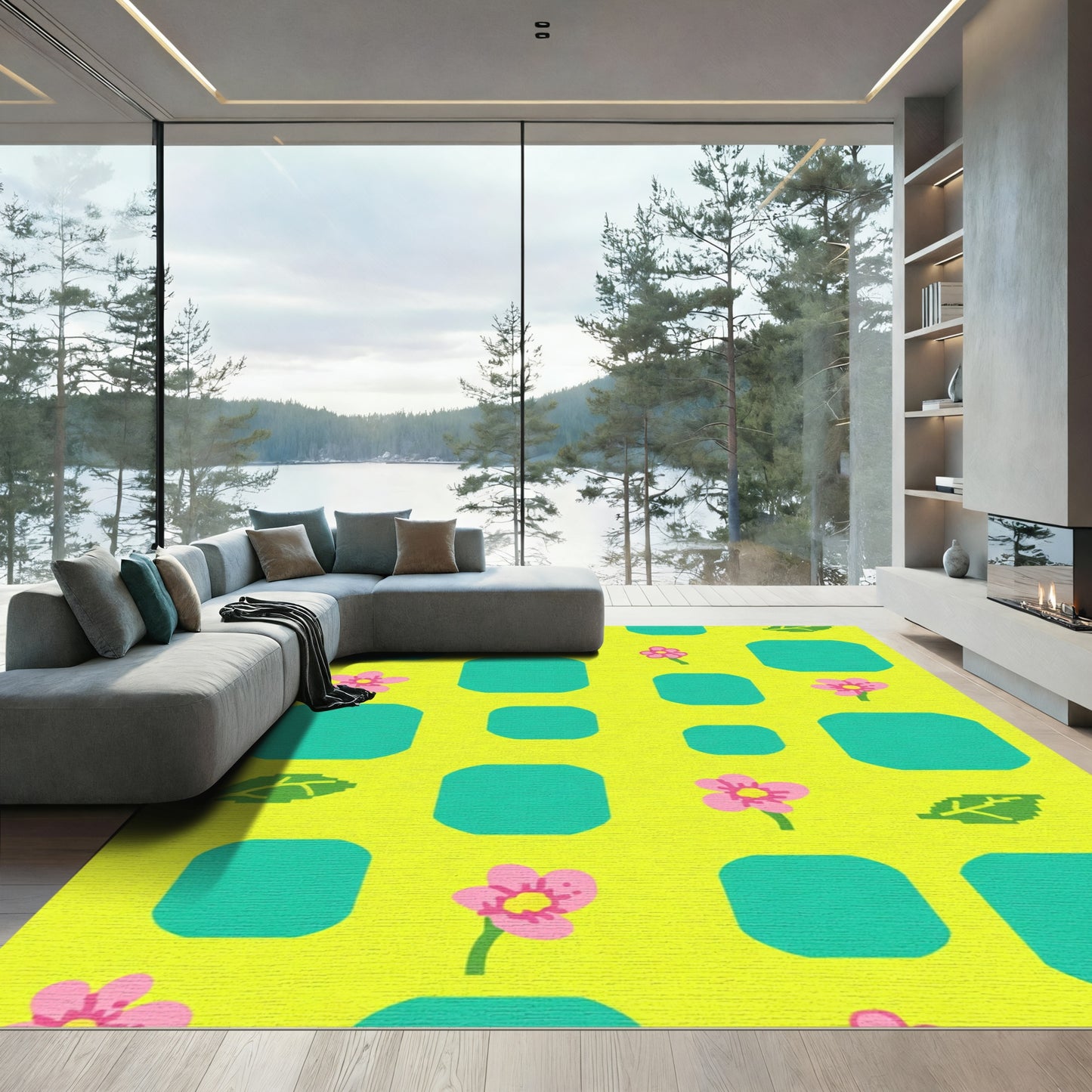 Pink Floral Teal Square Yellow Rug