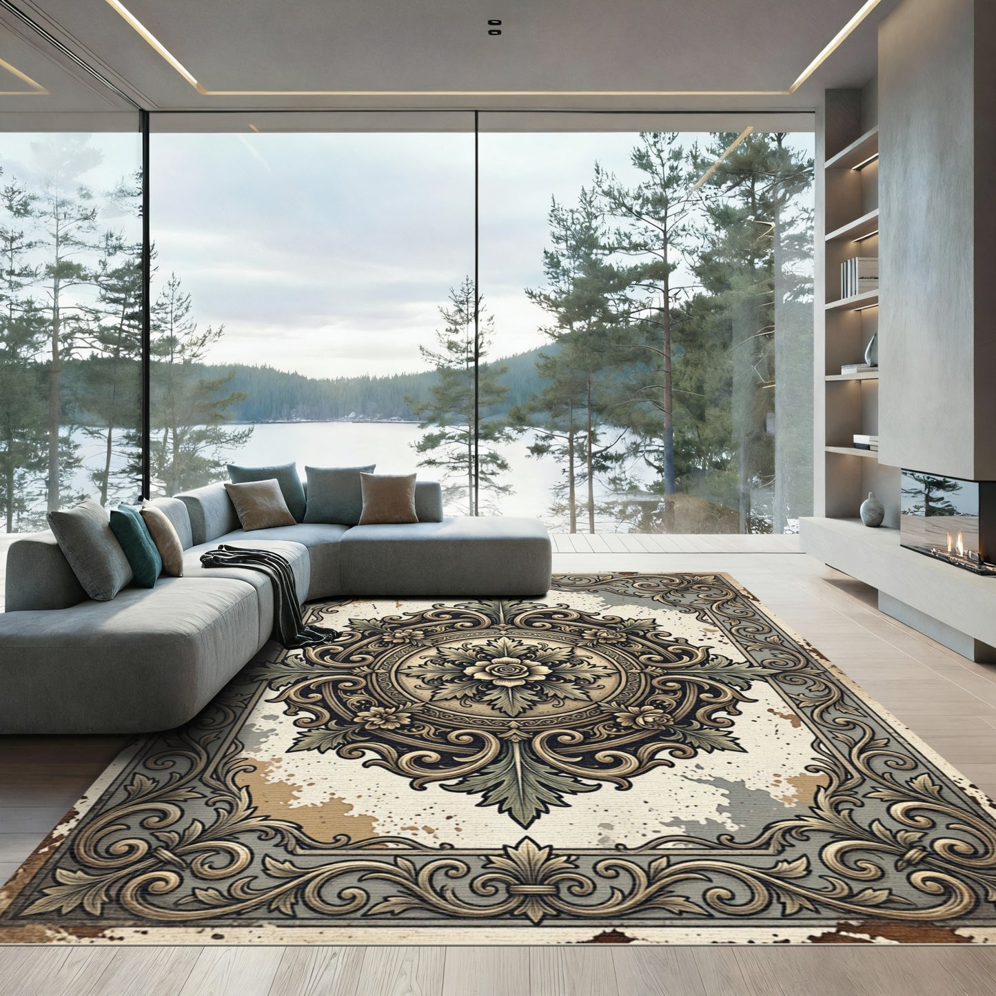 Vintage Ornate Gold Floral Medallion Rug