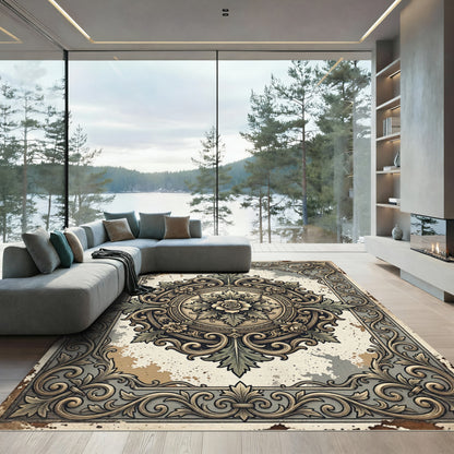 Vintage Ornate Gold Floral Medallion Rug