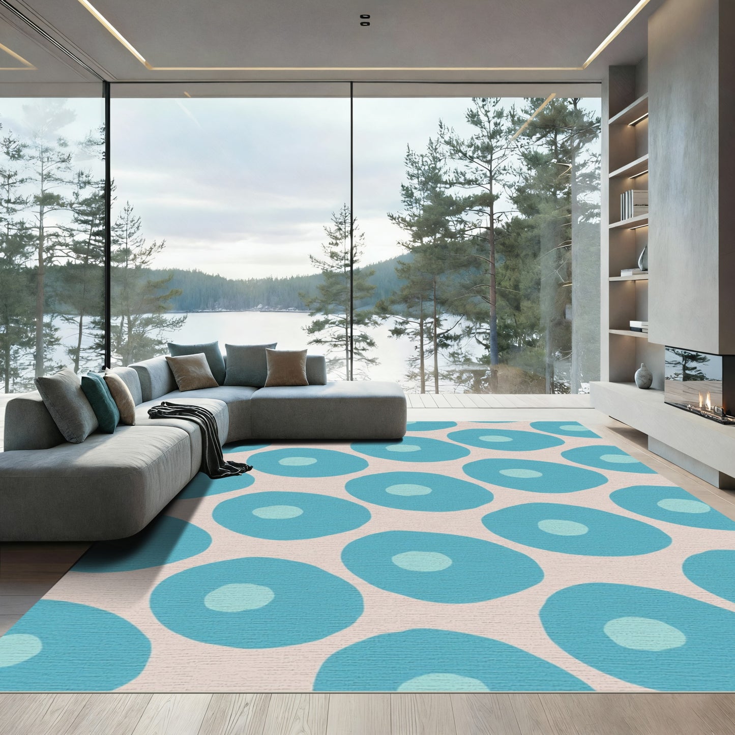 Teal Abstract Organic Circles Rug