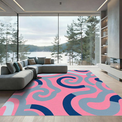 Pink Blue Gray Swirling Curves Rug