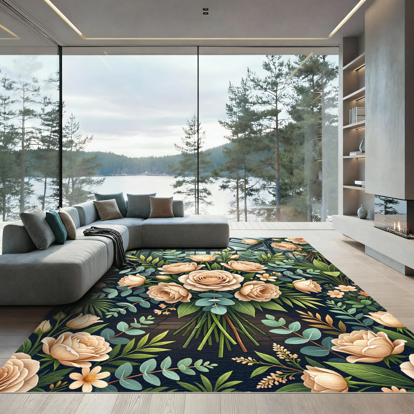 Cream Roses Greenhouse Botanical Arrangement Rug