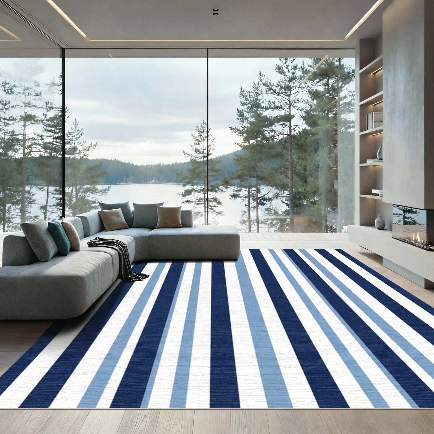 Navy Blue Light Blue Stripe Rug