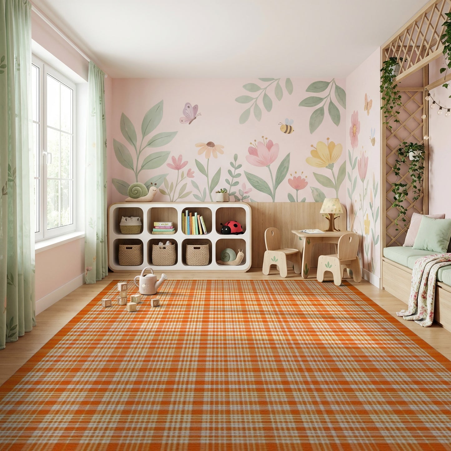 Vibrant Orange and White Plaid Rug