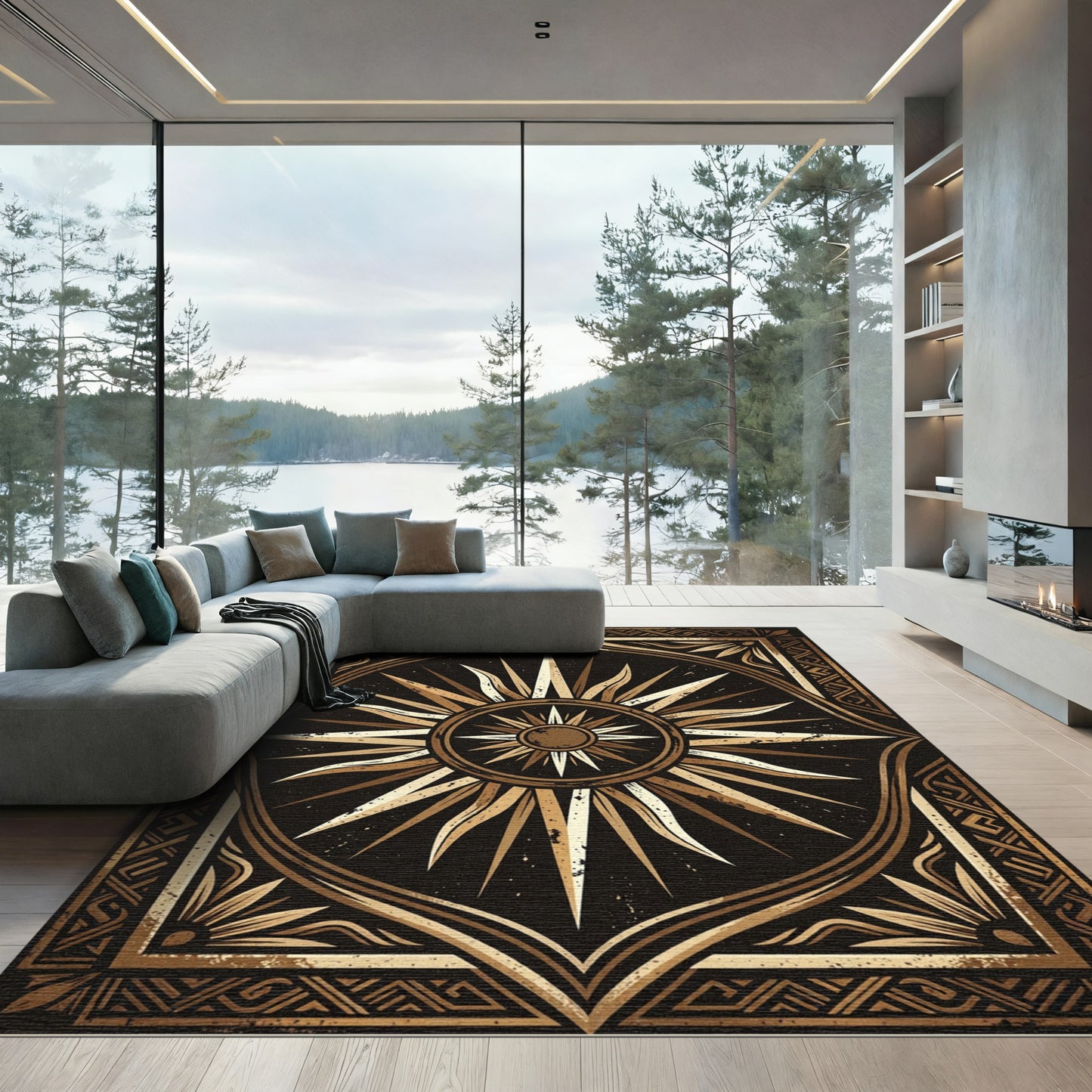 Celestial Gold Sunburst Embellished Rug