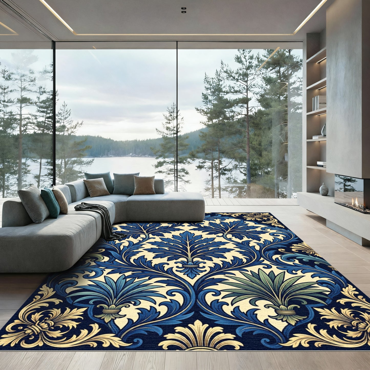 Elegant Navy Blue Acanthus Leaf Scroll Rug