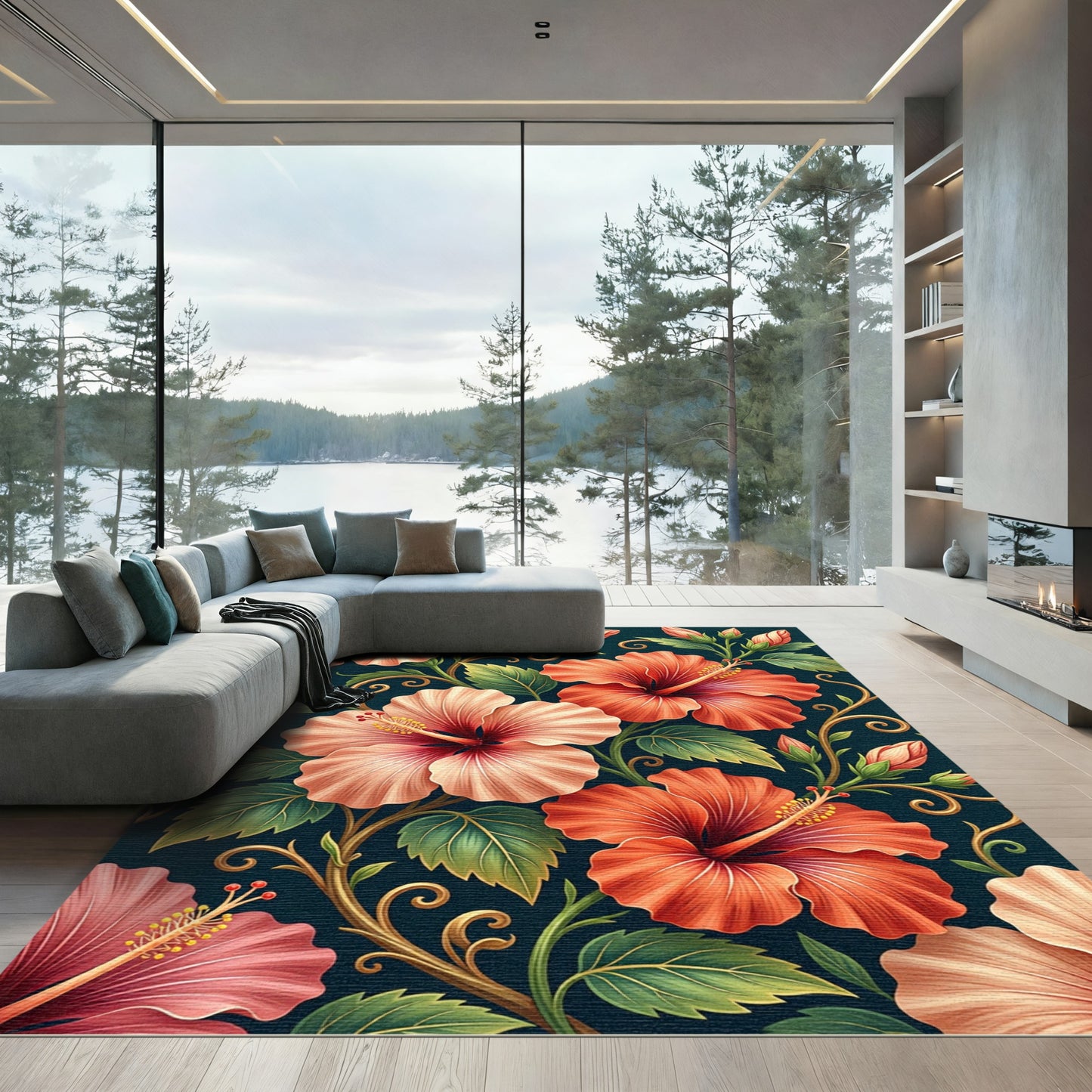 Coral Peach Hibiscus Tropical Swirls Rug
