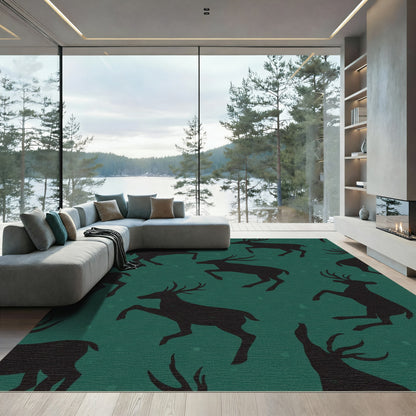 Deep Teal Silhouette Deer Repeating Rug
